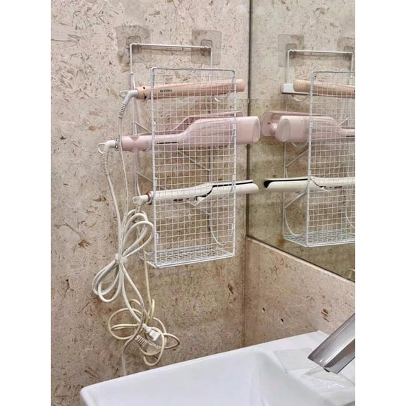 No Drill Curling Iron Holder Wall Mount Bathroom Hair Dryer Organizer Rack Flat Iron Stand, Space Saving
