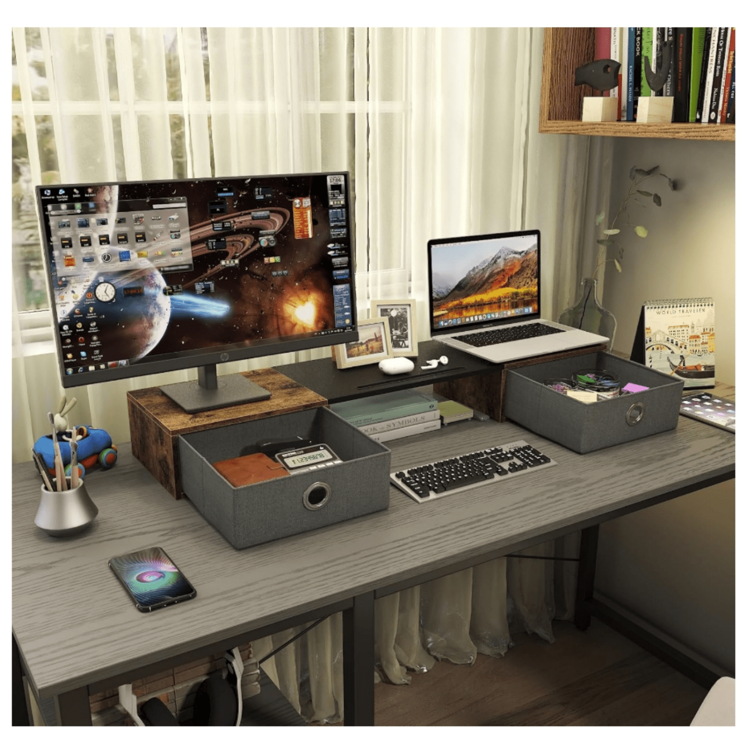 Dual Monitor Staniser with Two Drawers, Extra Large Storage for 2 Monitors, Desktop Oraganizer Computer,Laptop,Screen,Printer,TV