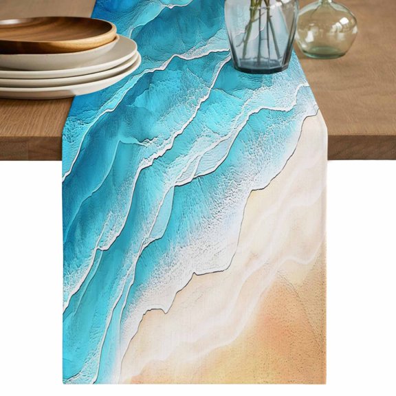 Teal Blue Beach Coastal Table Runner 108 Inches, Summer Nautical Seaside Ocean Ombre Bed Runner Dresser Scarves Tabletop for Indoor Outdoor Parties/Ceremony/Banquet, 13"x 108"