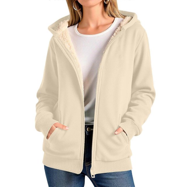 Women's fleece zip-up hoodie, warm and comfortable fleece jacket with pockets, loose-fitting hooded sweatshirt light gray XXL