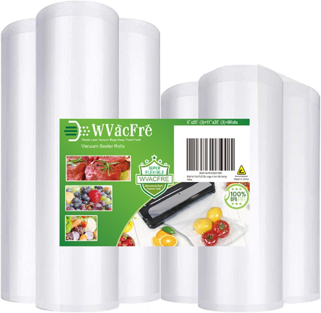 WVacFre 6Pack 8"x20'(3Rolls) and 11"x20' (3Rolls) Food Vacuum Sealer Bag Rolls Precut Size