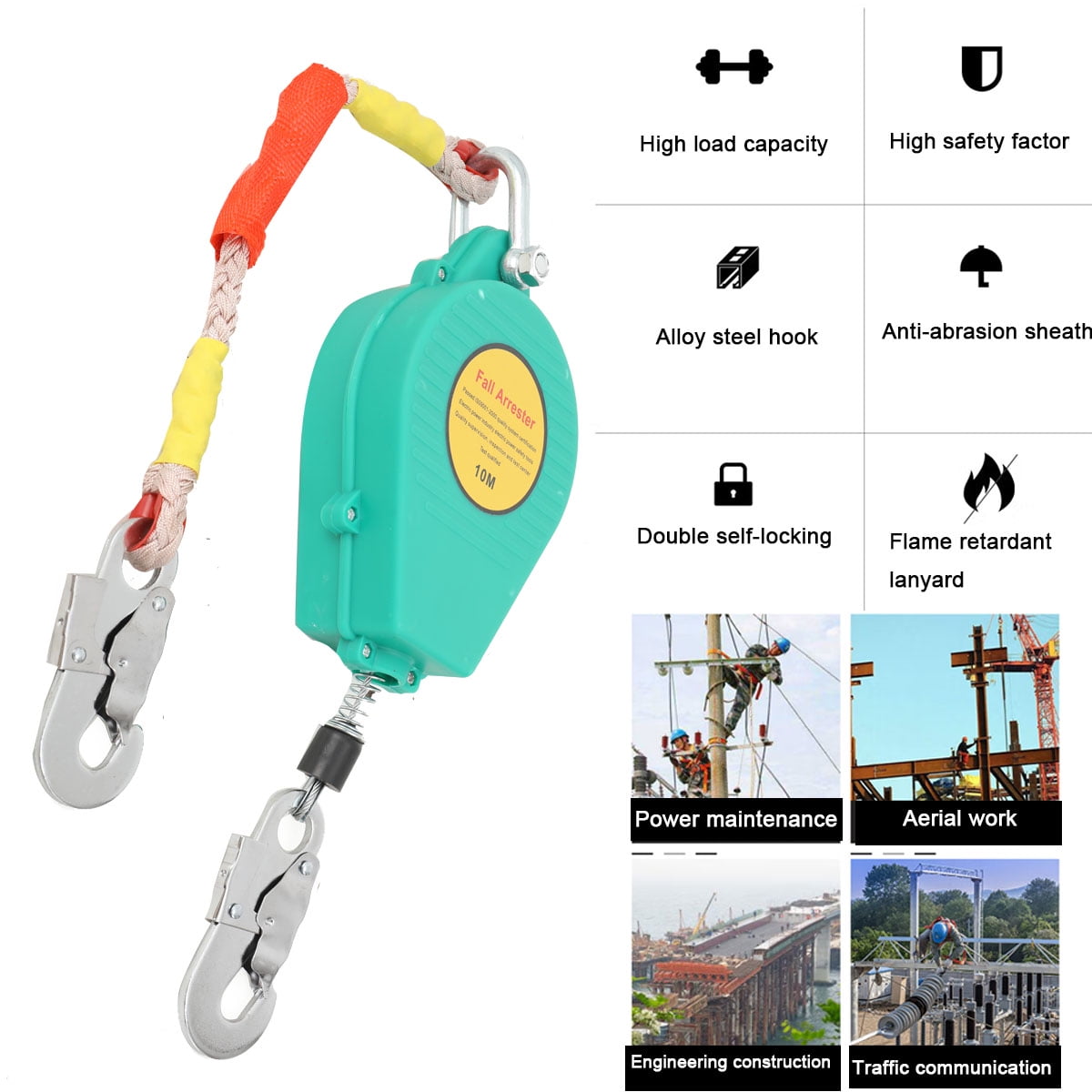 TABODD 23ft/10m Self Retracting Lifeline, Heavy Duty 330lbs Retractable Safety Lanyard with Alloy Steel Hook & Aviation Wire Rope, Fall Arrest Fall Protection Device for Construction/Roof Work