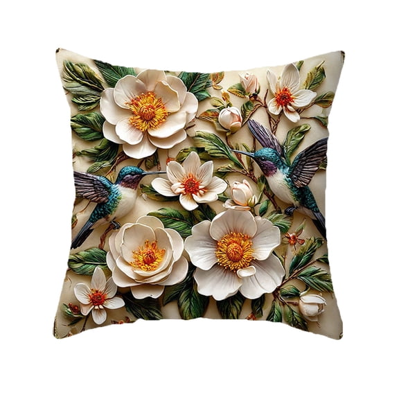 Qiweii Vintage floral bird printed pillow cover，faux embroidered decorative cushion cover，living room sofa home decor accessory