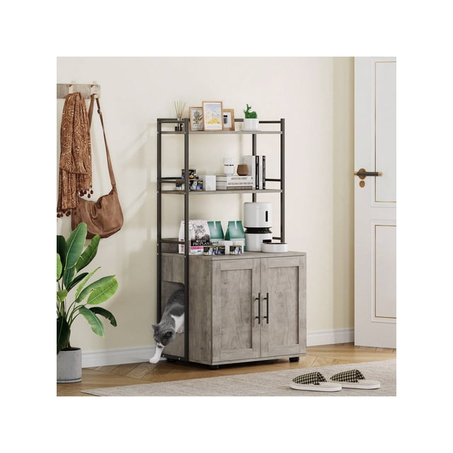 2-in-1 cat litter box enclosure con 2-tier almacenamiento estantes y doors moderno indoor cat house de madera cat washroom muebles para most litter boxes