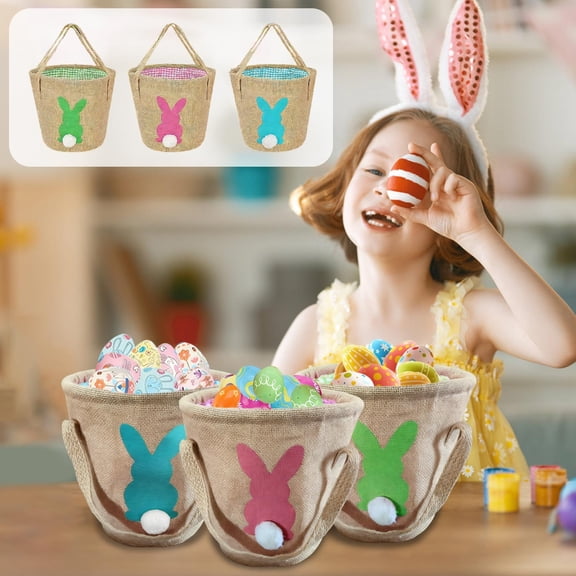 KOYPTL Easter Bunny Basket with Reinforced Handle Rabbits Round Buckets Linen Tote Bag for Boys Girls Easter Decoration Storage Basket for Hunting Eggs Picking Picnic Use Holiday Party Supplies Green
