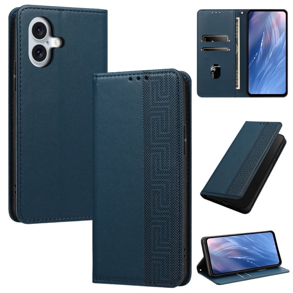 Feishell Wallet Case For iPhone 16 Plus, Premium PU Leather Flip Folio Cover with RFID Blocking Card Slots Cash Pocket Kickstand Wrist Strap Embossed Pattern Shockproof Phone Case,Darkblue