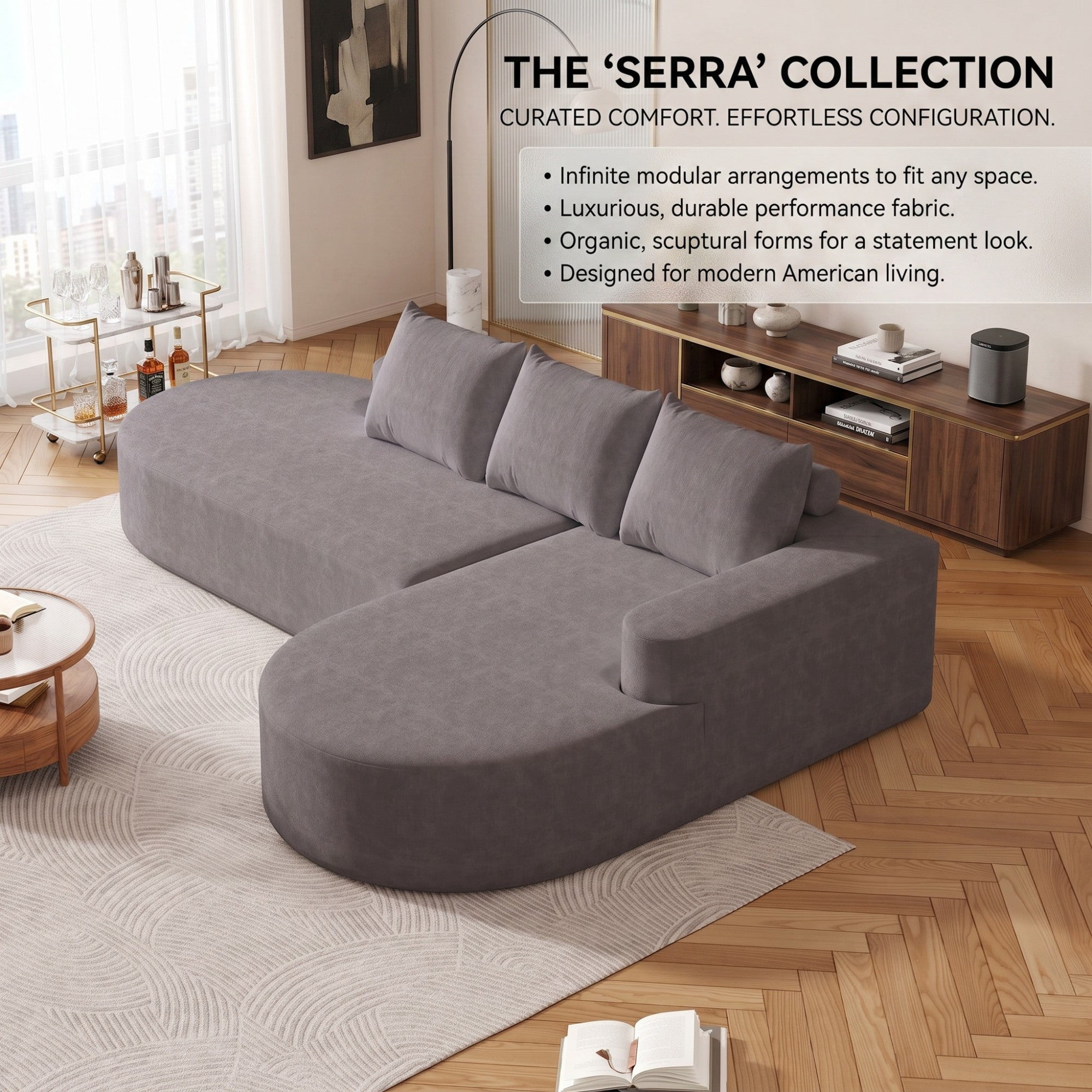 Sailvan 108.5" Modern Curved Chenille Sectional Sofa, Modular L-Shaped Couch with 3 Pillows Grey