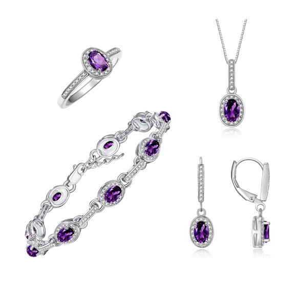 RYLOS Matching Jewelry: Sterling Silver Designer Halo Tennis Bracelet, Earrings, Ring & Necklace.7"-8" Adjustable, 18" Chain. Amethyst February Birthstone; Size 5