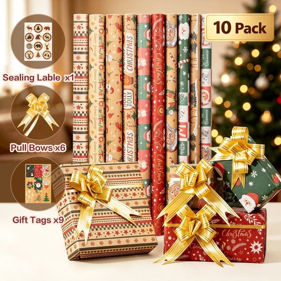 Deli Christmas Wrapping Paper Set, 10 Pack 30" x 20" Holiday Gift Wrap Sheets with Gift Tags, Seal Stickers & Pull Bows, Vintage Kraft Christmas Wrapping Supplies Kit for Holiday Presents