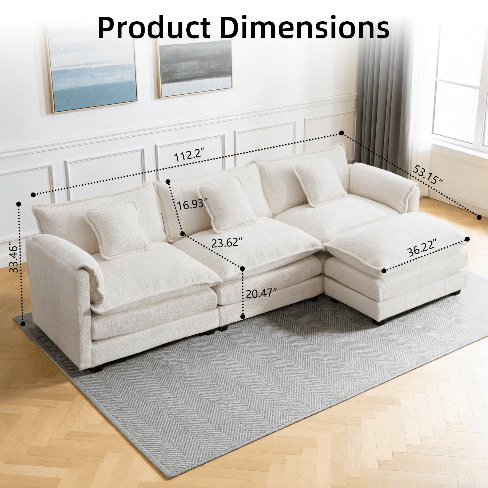 GNIXUU 112" Oversized Sectional Sofa Cloud Couch for Living Room, Modern Chenille L Shaped Couch, Comfy Boucle Modular Sofa Sleeper with Moveable Ottoman & Memory Foam (Beige)