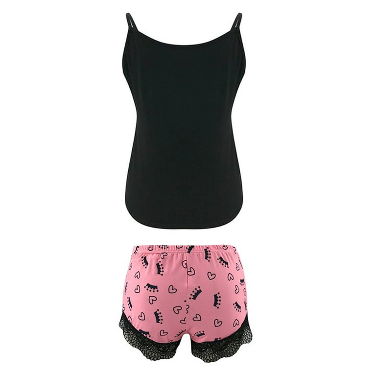 Women Sleepwear Lace Pajamas Set Shorts Nightwear Spaghetti Strap Lace Trim Camisole Top Vest Tank TShirt Shorts Sets Pjs Set Loungewear Homewear