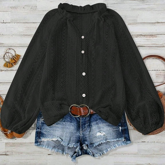 Lightweight Sweatshirts for Women, Womens Puff Long Sleeve Hollow Out Lace Tops V Neck Button Down Shirts Casual Spring Autumn Knit Tops
