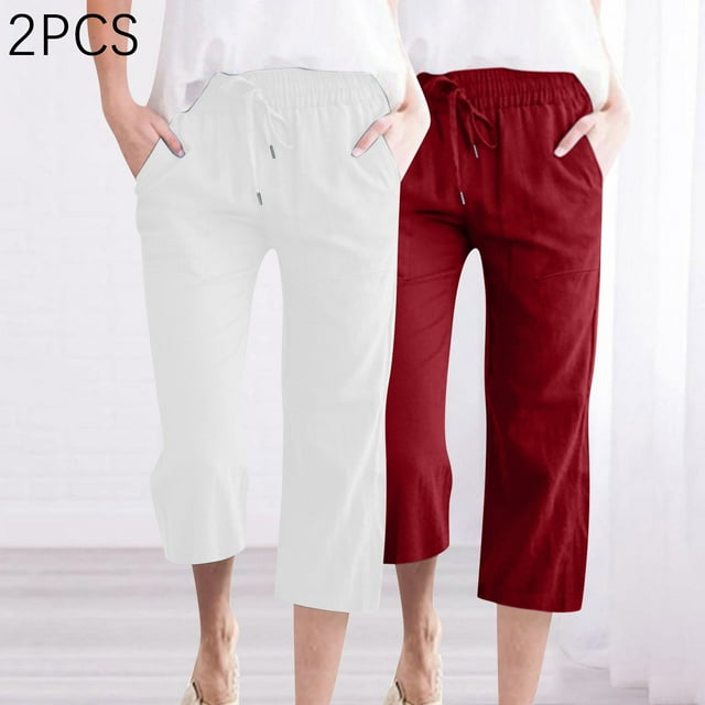 Simua Pantalons Capri en Lin pour Femmes Été Pantalons Larges avec Poches 2 Pcs