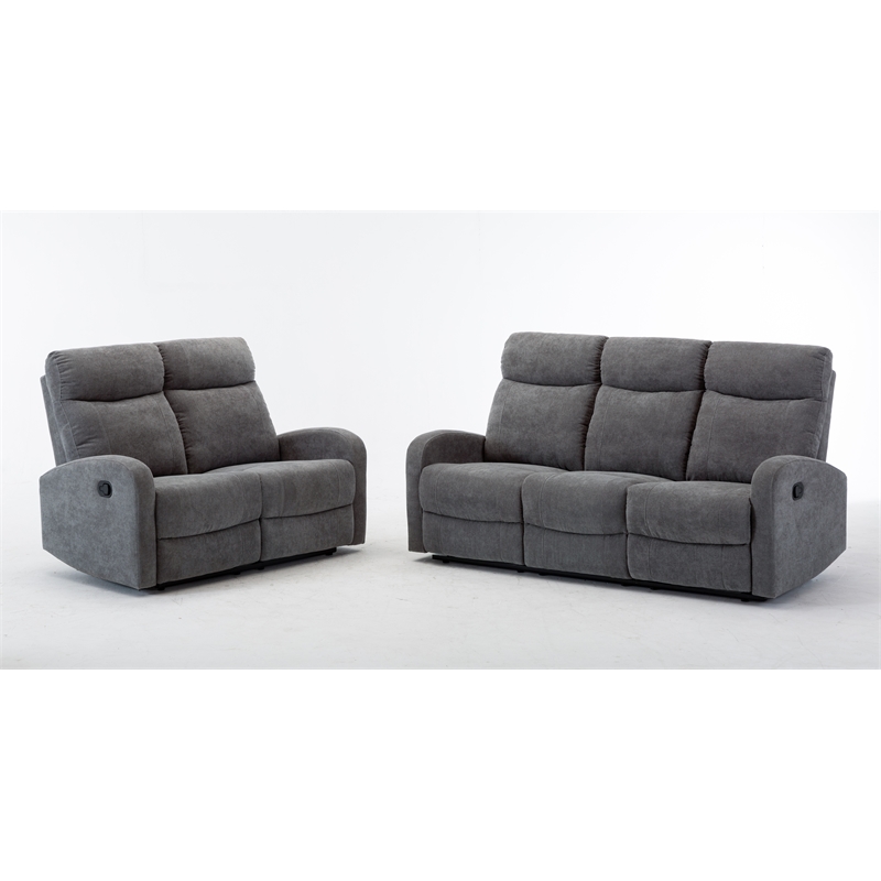 RN Furnishings 2Piece Reclining Chenille Fabric Sofa Set Light Gray