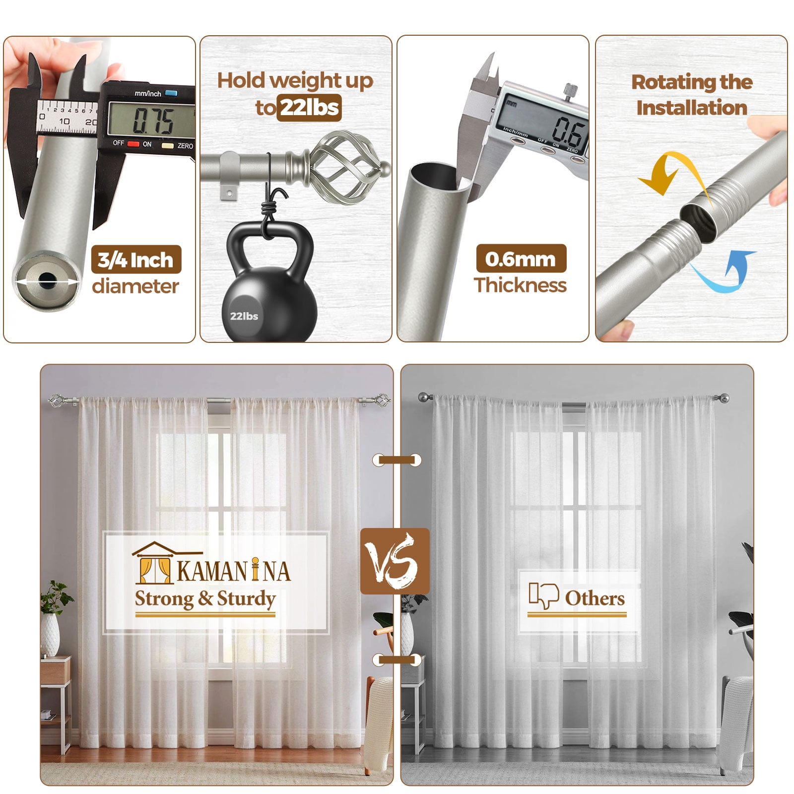 KAMANINA 3/4" Adjustable Single Curtain Rod with Twist Cage Finial, 48 - 84", Antique Silver