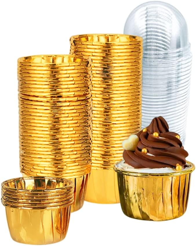 100 Pack Cupcake Liners with Lids 3.5 Oz Foil Baking Cups Disposable