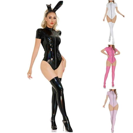 Sexy Patent Leather Bodysuit and Socks Set for Women - Elastic Fit Nightwear for Couples  Romantic Occasions
