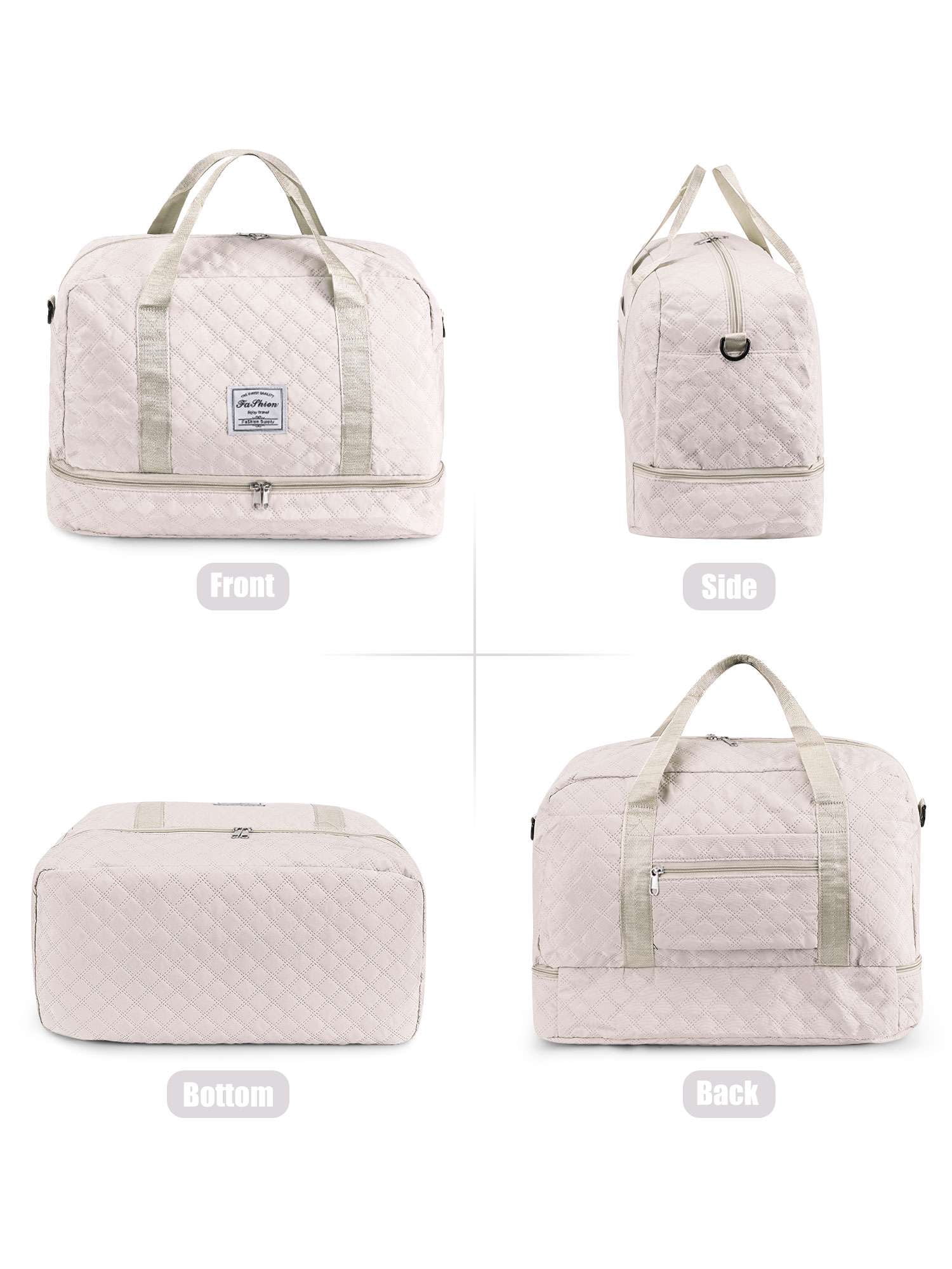 Gustave Quilted Travel Duffle Bag for Women Large Capacity Overnight Weekender Gym Hospital Bag Water Resistant Carry On Totes with Shoe Compartment & Wet Pocket, White