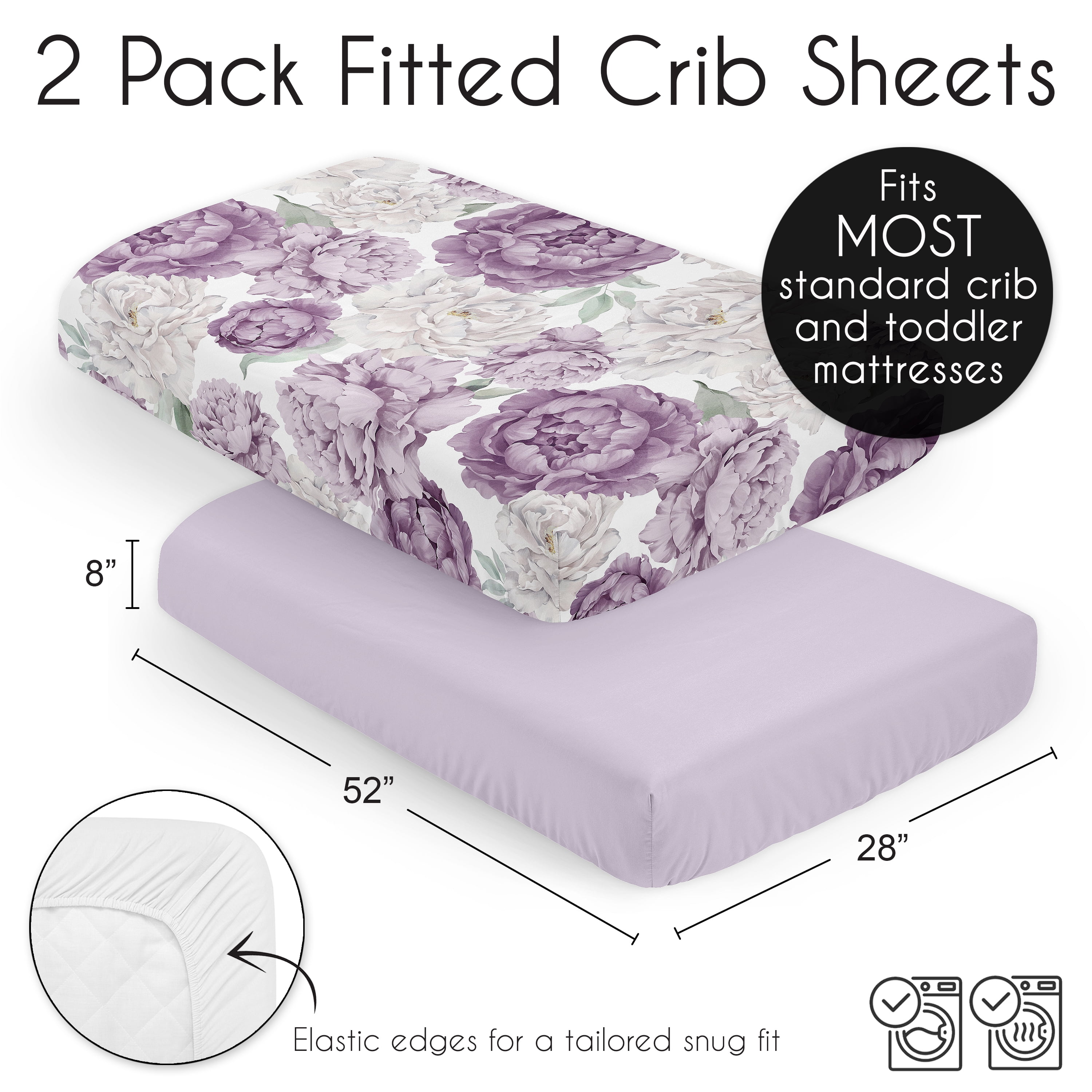 Sweet Jojo Designs Peony Floral Garden Purple Ivory and Green Fitted Crib Sheets 2 Piece Set