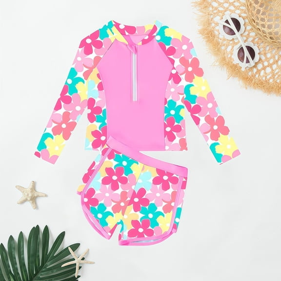 LIIPEE Girls Swimsuit Sets Summer Casual Floral Printed Zipper Long Sleeve Crew Neck Swim Tops High Waist Shorts Two Piece Set Kids Fashion Beach Pool Cute Comfortable Swimsuits,Multicolour,3-4 Years