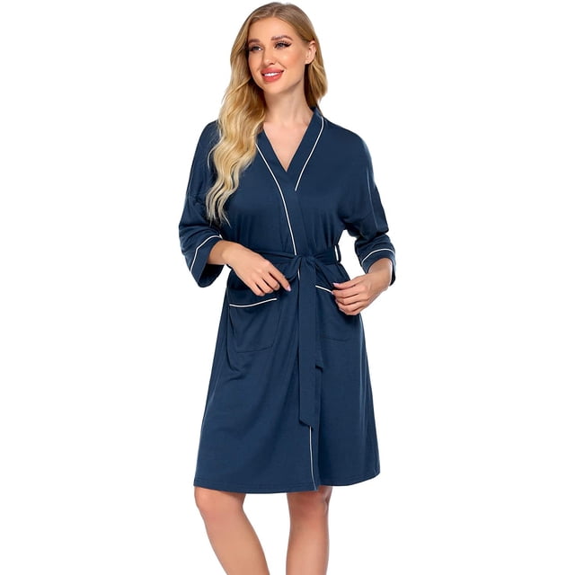 Womens Robe Knee Length Cotton Kimono Bathrobes Lightweight Robe Female Loungewear Soft House Sleepwear S-XXL