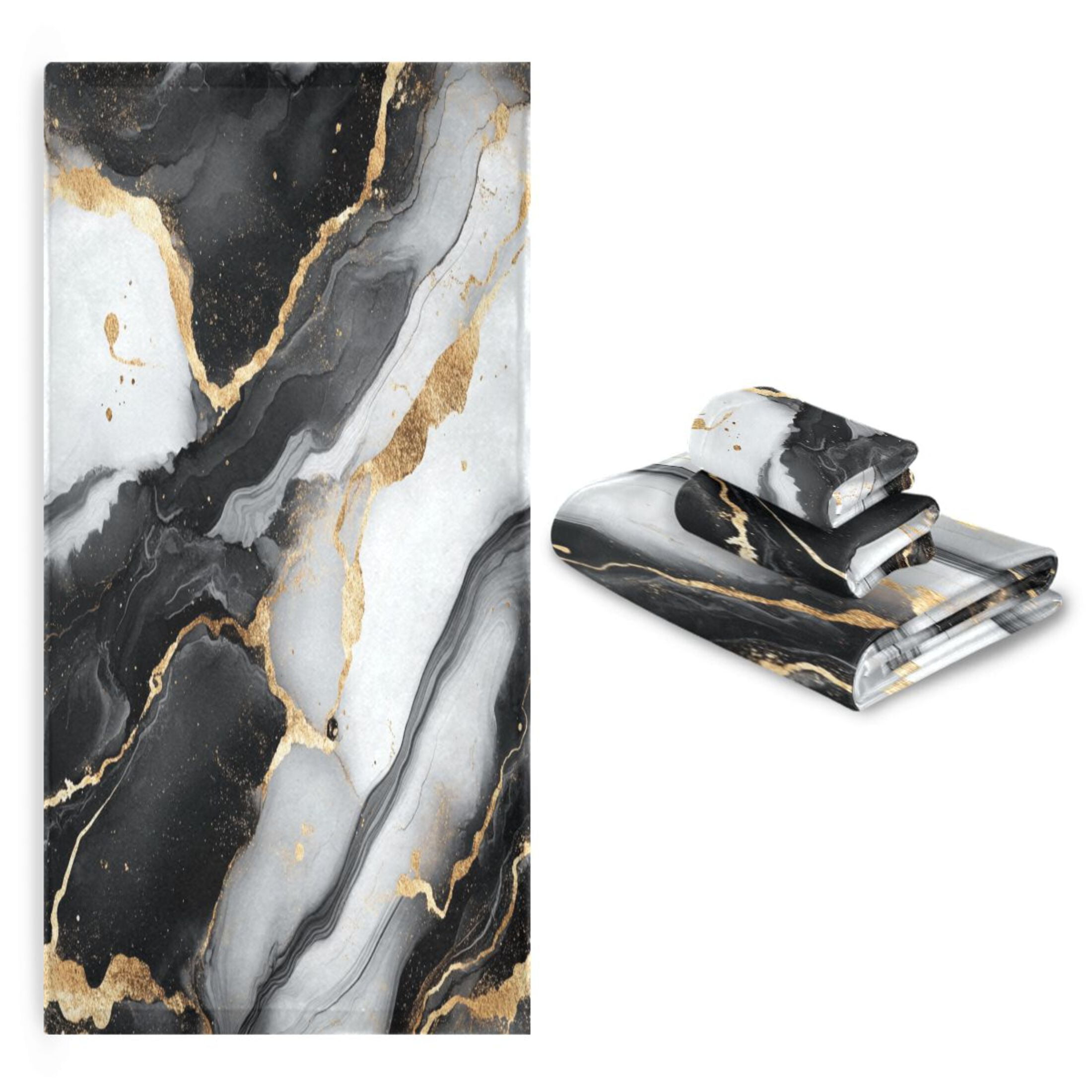 WOBOGO Gilt Black Veined Marble Ultra Soft 3 Pack Cotton Towel Set Includes 60 x 30in Bath Towel 28 x 16in Face Towel and 13 x 13in Small Square Towel for Everyday Use Lightweight and Compact