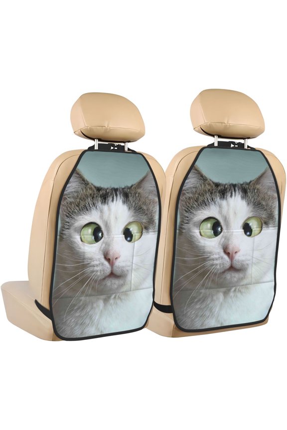 Funny Cat Print 2 Pack Car Kick Mat Seat Cover Back Protector Mat with Pockets for Organizer Backseat Protector and Storage Anti Kick Pad for Vehicles