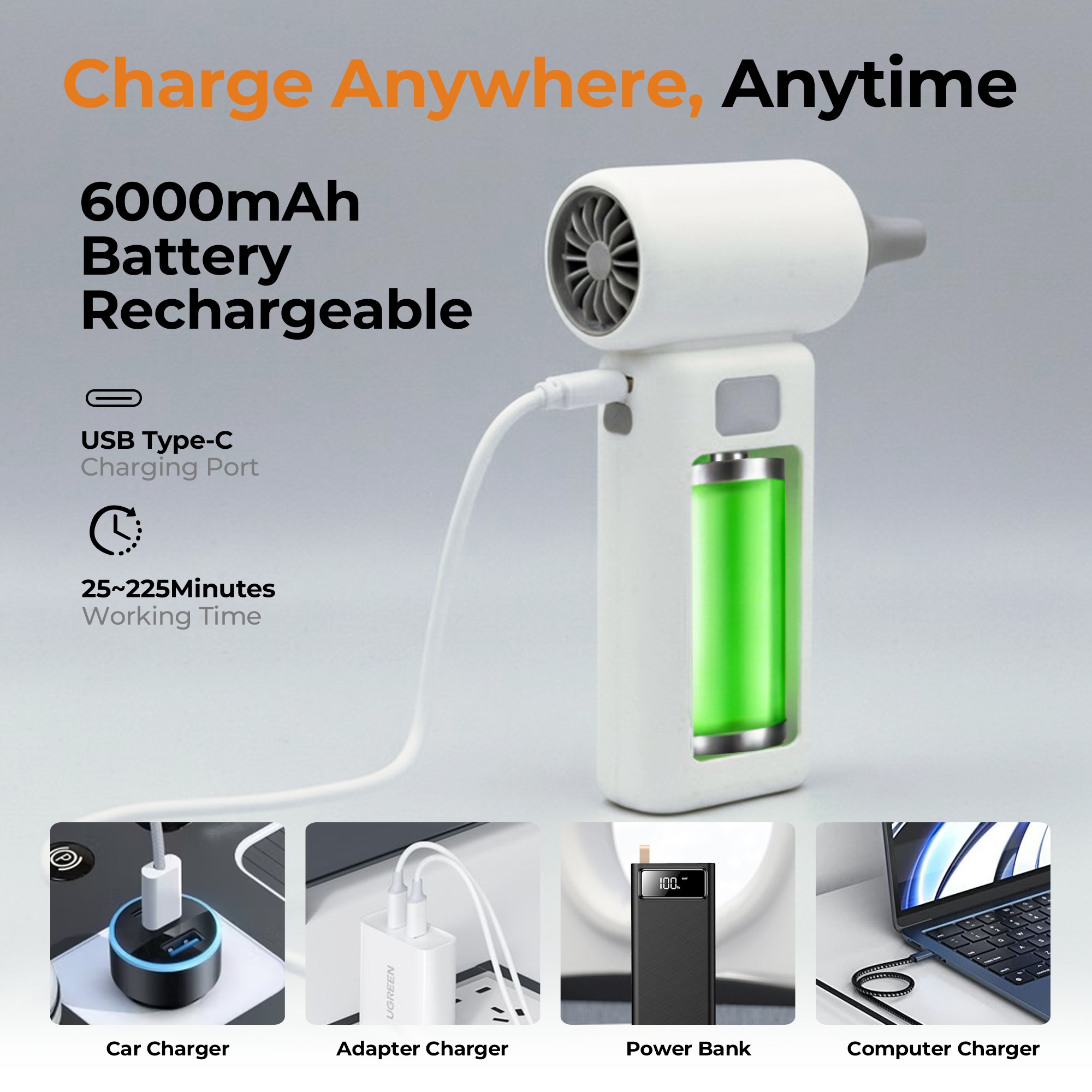 CreWear Compressed Air Duster - 100,000 RPM Electronic Cleaner with 6 Speeds, LED Screen, Lighting, Rechargeable Air Blower Dusters for Computer, Keyboard, Car, Outdoors, Office