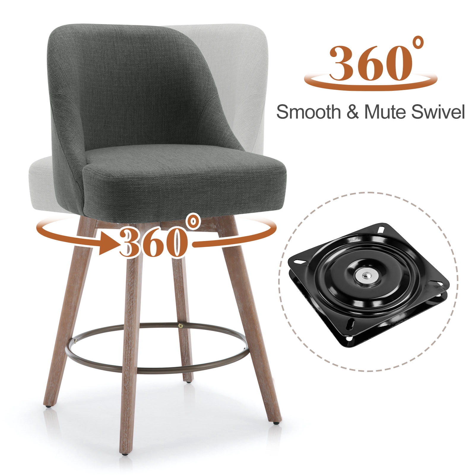 ANMINY Counter Height Bar Stools Set of 1, 26" Seat Height Upholstered Linen Fabric Swivel Barstools with Mid-Back Modern Chairs Island Stools for Home Bar Kitchen Pub