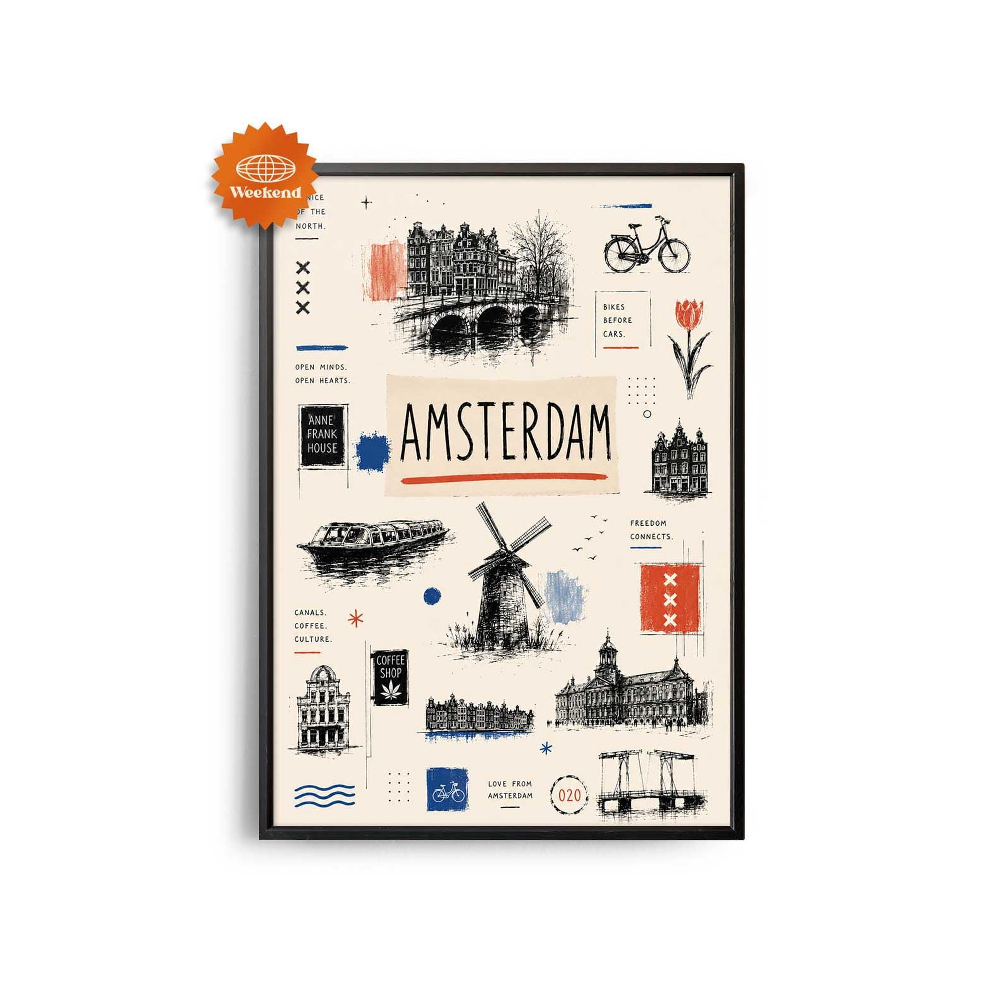 Amsterdam Travel Hand Drawn City For Travelers Poster , Poster Print Only