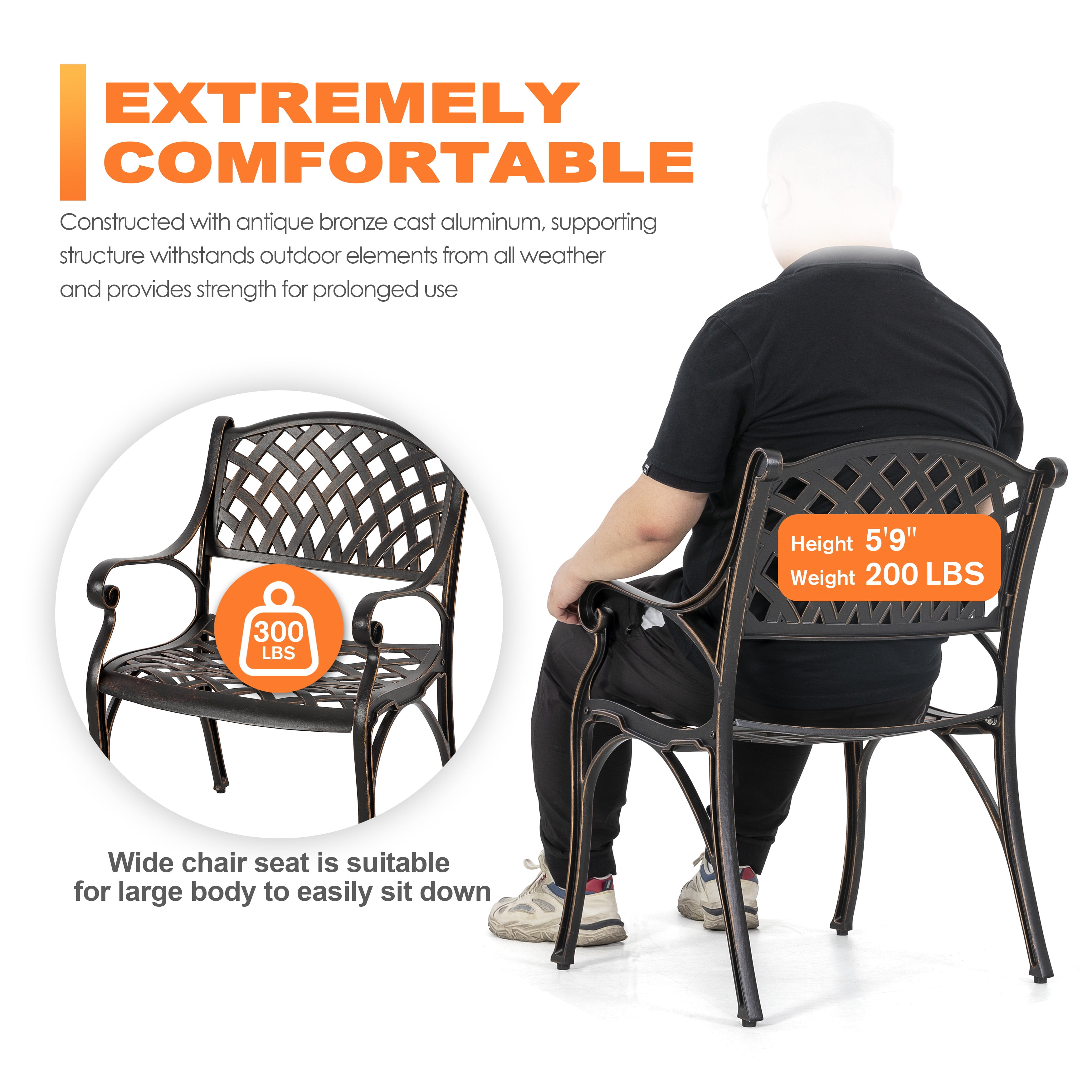Nuu Garden 2 Piece Cast Aluminum Patio Dining Chairs with Armrests, Outdoor Bistro, Balcony, Backyard, Garden, Black with Gold Speckles