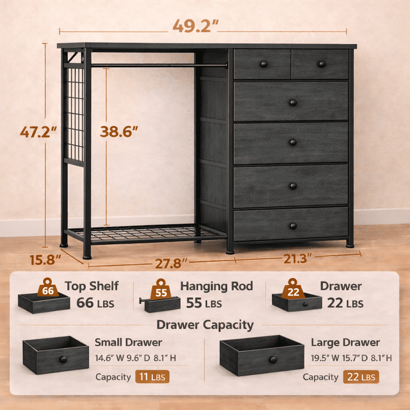 Simple Deluxe Storage Clothes Rack with 6 Drawers, Charging Station & LED Lights, Fabric Chest Shelves Clothing Rack, Wooden Portable Wardrobe Closet, 49.2" W x 15.7" D x 47.2" H, Gary
