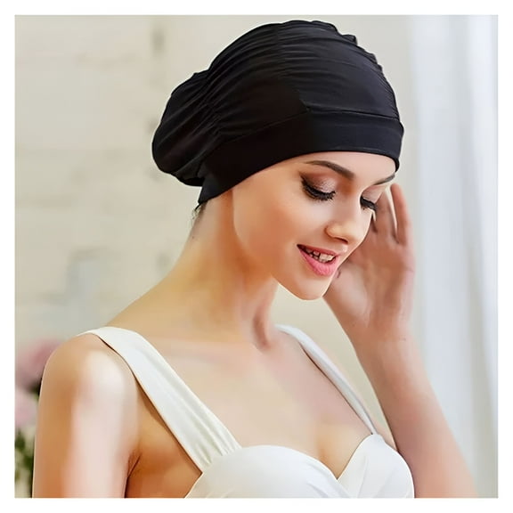 TELOLY Women Swim Caps Nylon Pleated Bathing Cap Long Short Hair Ear Protection Spandex Cap Turban Hats for Adult Youth to Keep Hair Dry, Black Swimmers Caps