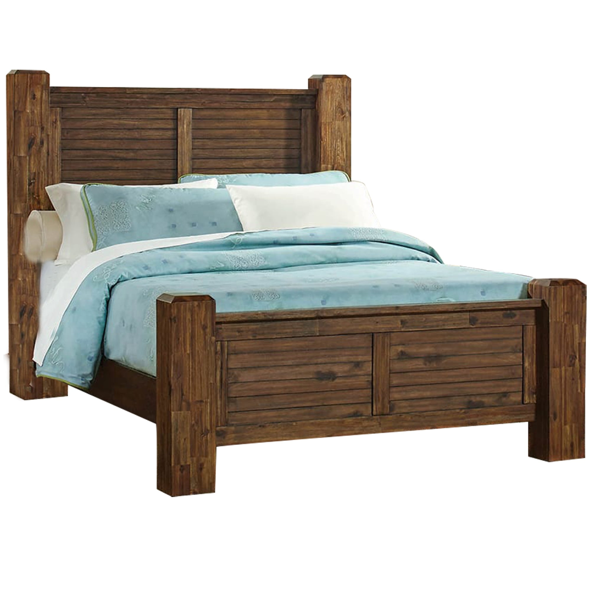 Wooden California King Size Bed with Louvered Headboard and Footboard