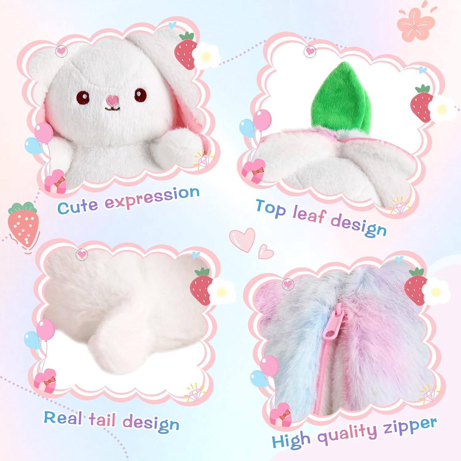 Kawaii Squishy Cute Easter Bunny Plush Turn Into Rabbit Fruit Doll Carrot Strawberry Pillow, Plushies Funny Bunny Toy for Baby