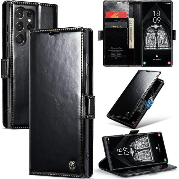 Leather Case for Samsung Galaxy S23 Ultra Card Slot Folio Flip Wallet Case for Samsung Galaxy S23 Ultra Premium PU Magnetic Kickstand Cover Soft TPU Inner Case Black