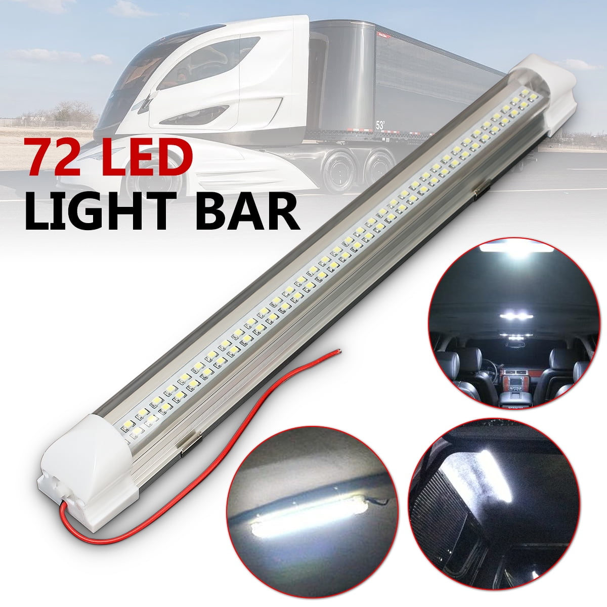 12V 72 LED Car Interior White Strip Lights Bar Lamp Van Caravan ON OFF Switch-UK