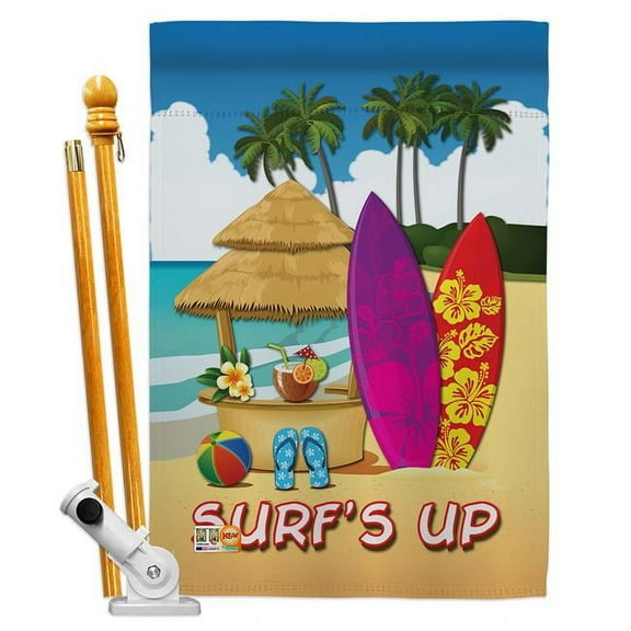 Breeze Decor BD-SU-HS-106070-IP-BO-D-US13-BD 28 x 40 in. Surfs Up Hut Summer Fun in the Sun Impressions Decorative Vertical Double Sided House Flag Set with Pole Bracket & Hardware