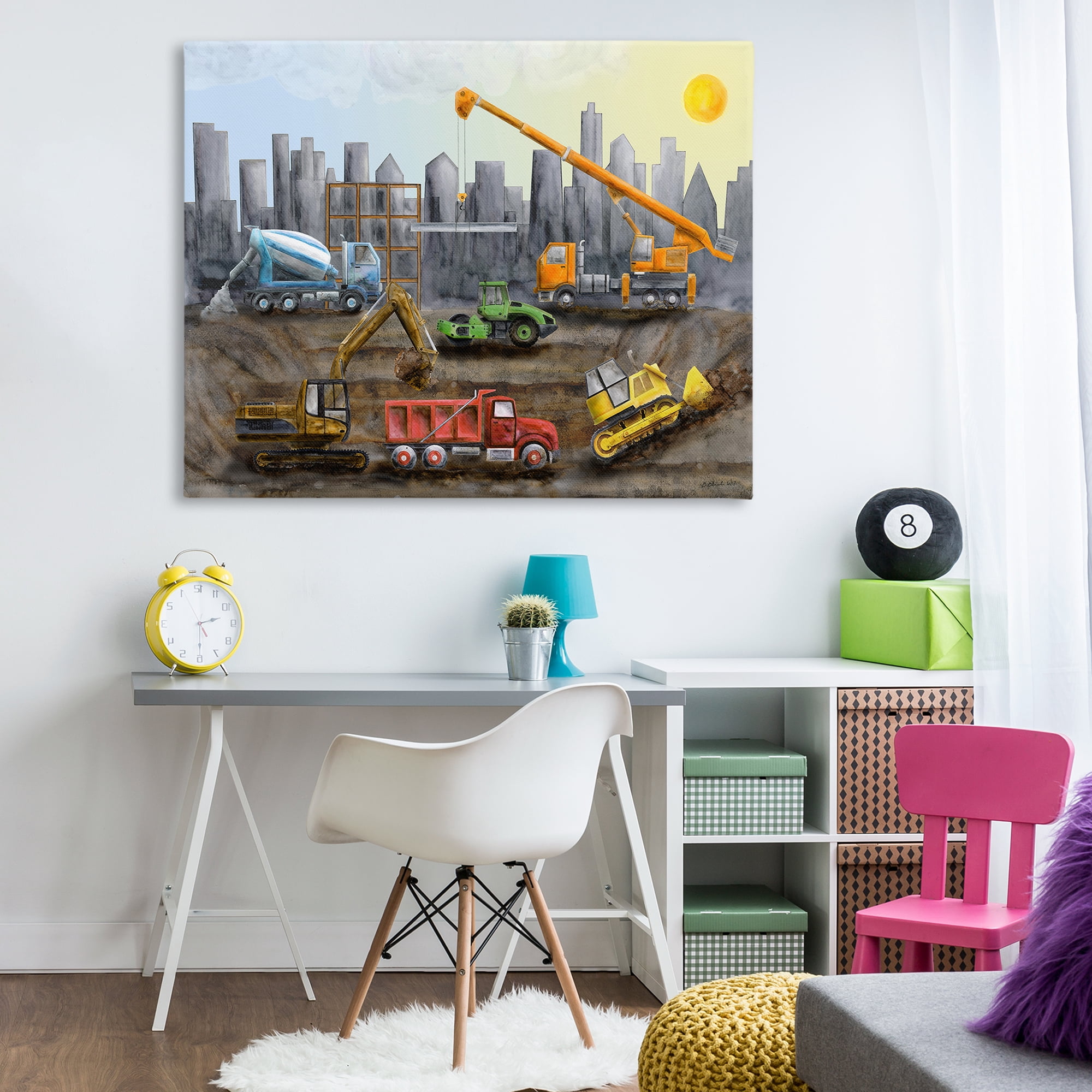 Stupell Industries Construction Trucks Skyline Transportation Painting Wrapped Canvas Art Print Wall Art, 48 x 36