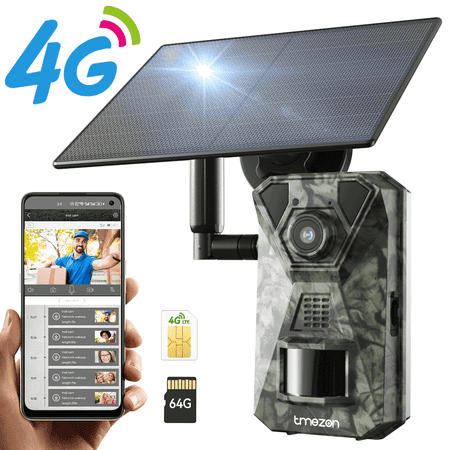 TMEZON 4G LTE Trail Camera 1920P UHD Infrared Night Vision IP65 Motion Detection Outdoor Wildlife Cam with 64GB SD Card & SIM Card App Control Wifi Free