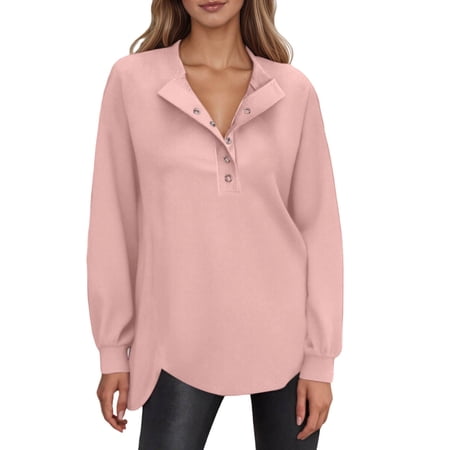 FYEGRE Women s Long Sleeve Henley Tops Tunic Sweatshirt Loose Slit Casual Button Shirts Pullover Fall Winter Outfits Pink L
