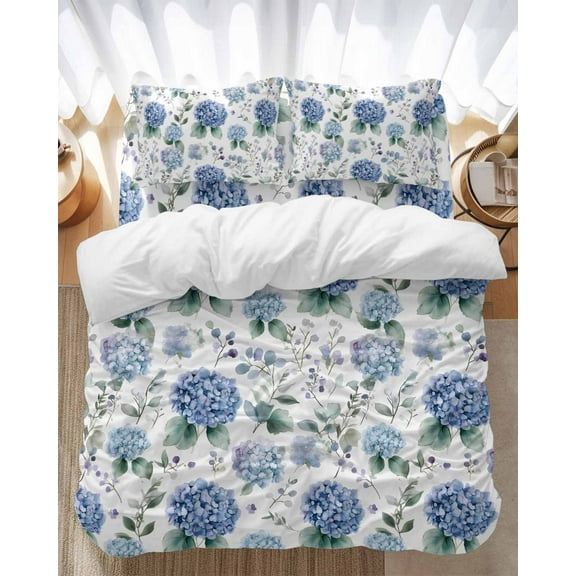 Blue Hydrangea Bedding Duvet Cover Set Queen Size 4 Pieces Eucalyptus Leaves Watercolor Plant Farm Bedding Set with Zipper Closure, 1 Comforter Cover 90x92 Inches 1 Flat Sheet & 2 Pillow Cases