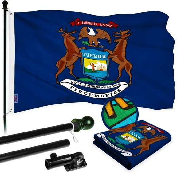 G128 Combo Pack: 6 Ft Tangle Free Aluminum Spinning Flagpole (Black) & Michigan MI State Flag 3x5 Ft, ToughWeave Series Embroidered 300D Polyester | Pole with Flag Included