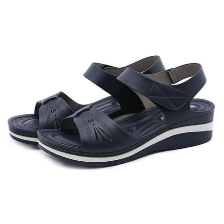 

VKEKIEO Peep Toe Beach Sandals For Women High Heel Wedge Blue