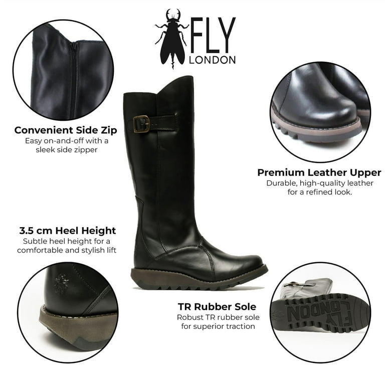 Fly London Womens Black MOL 2 Leather Wedge Heel Knee High Zip Up Boots Walmart