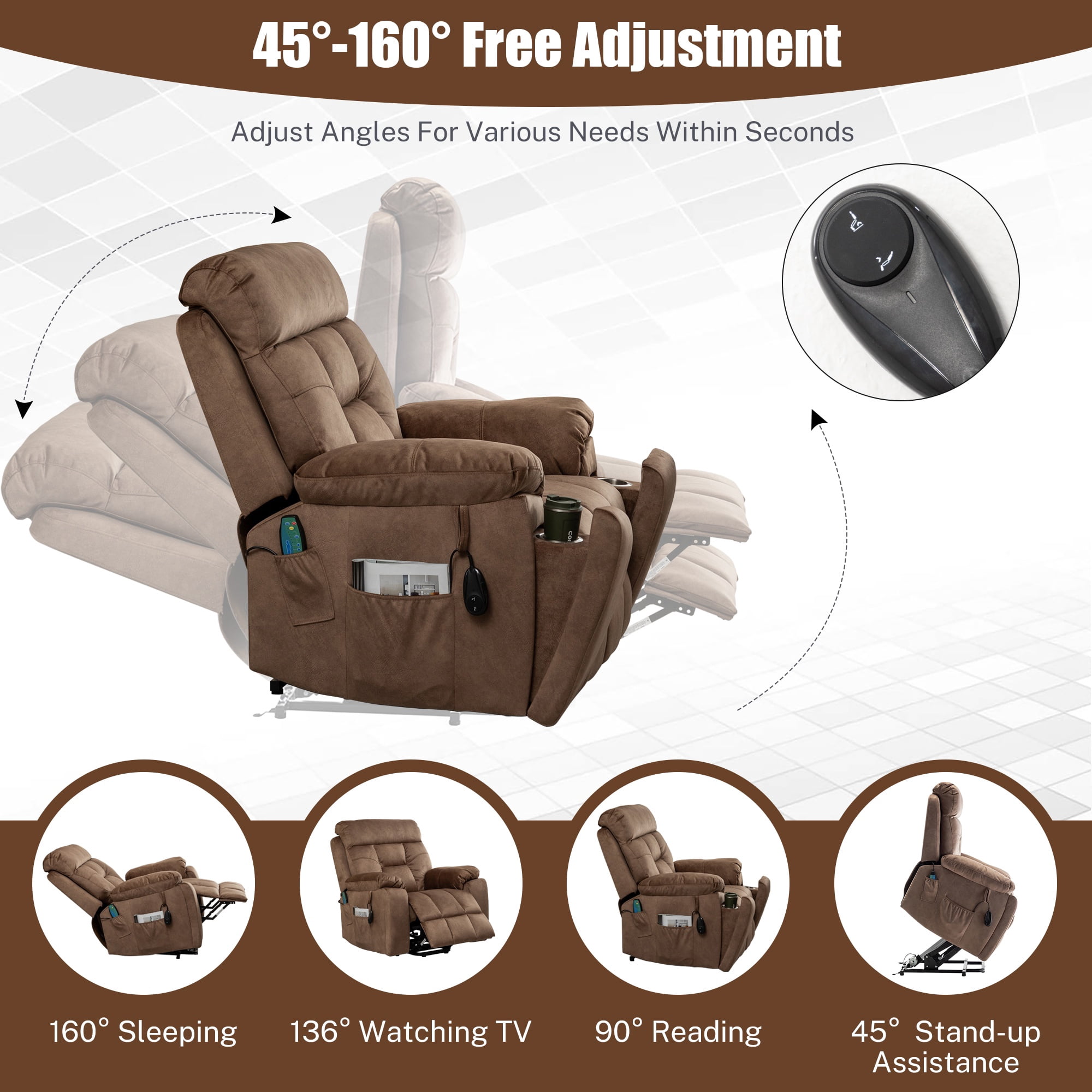 SYNGAR Electric Lift Recliner Chair with Heat and Massage, Oversized Recliner with Hidden Cup Holder for Living Room, Single Recliner Sofa with 26" Width Seat, Easy Assembly, Brown