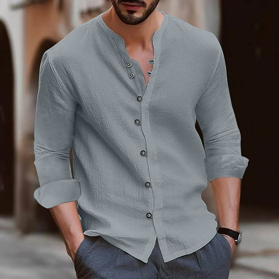 Brnmxoke Men's Cotton Linen Long Sleeve Shirts Casual Lightweight Button Down Shirts Vacation Beach Summer Tops Men Shirt Band Collar Textured Shirts