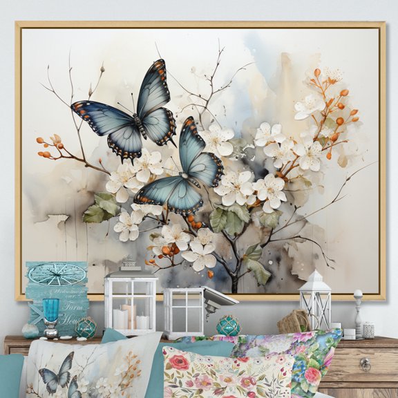 Designart "Azure Pearl Butterfly Moment Of Chance" Animals Floater Framed Wall Art Print