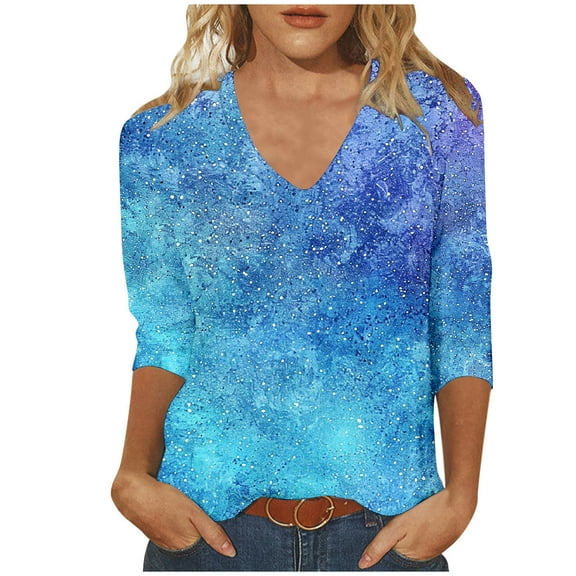 Women's Plus Size 3/4 Sleeve T-Shirts with Prints Loose Fit Casual V Neck Graphic Tee Tshirts for Women Trendy (XL, Blue)