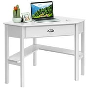 Costway Triangle Computer Desk Corner Office Desk Laptop Table w/ Drawer Shelves Rustic White